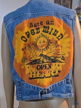 80's Lizwear Vintage Upcycled Denim Vest with Orange 'Open Mind' Patch